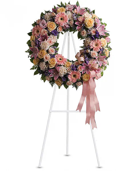 Floral wreath centerpiece on stand isolated