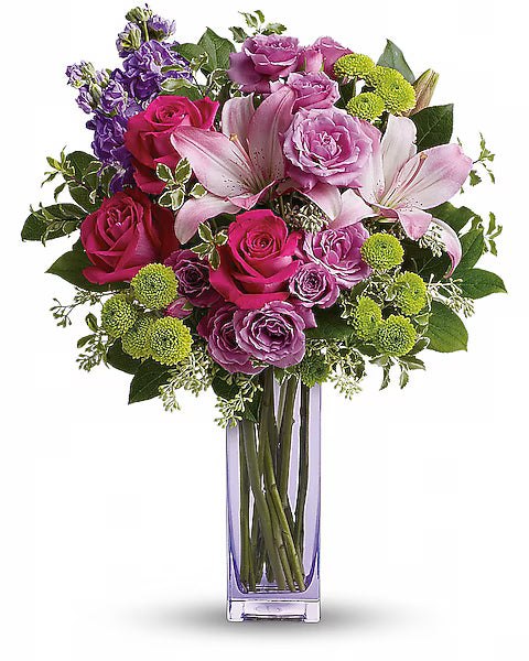 Colorful pink, purple, and green floral bouquet