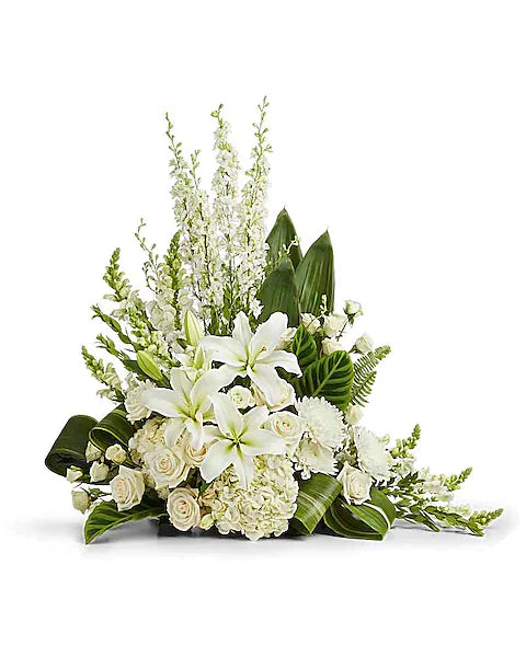 Ivory floral arrangement with leafy accents on bright white backdrop