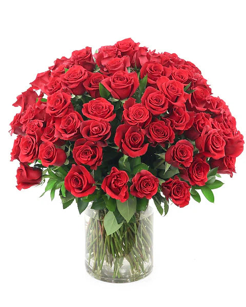 Bouquet of red roses in a clear vase on a white background